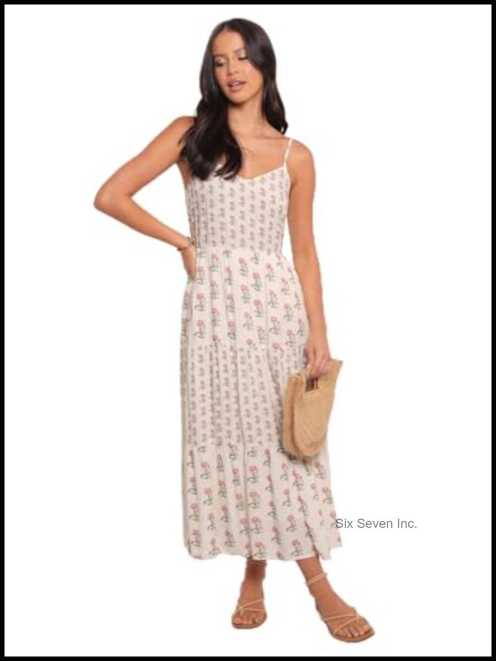Midi Dress with Pockets, V-Neck A-Line Floral Dress